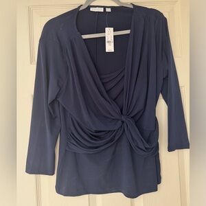 New York & Co. Navy Blue Draped Twist-Front Long Sleeve Top / Size Large NWT